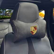 Подушка на подголовник с логотипом Porsche Экокожа 3D Цветной лого Черная-Коричневый кант 1 шт