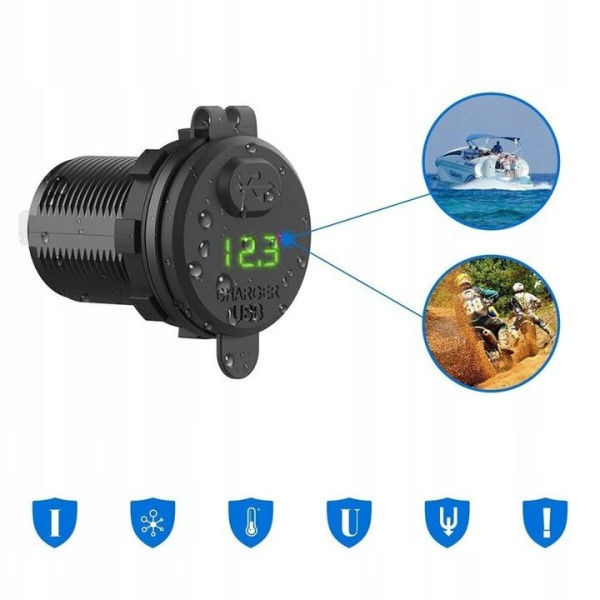 Гніздо Прикурювача під 1 USB Вольтметр DC 12-24V 5V підсвічування з різьбленням P10 Green QC 3.0 (Вимикач)