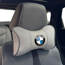 Подушка на підголівник з логотипом BMW Екошкіра 3D Кольоровий лого Сіра-Сірий кант 1 шт