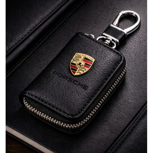 Ключница чехол автомобильная для ключей с логотипом Porsche Черный (Тисненая кожа)