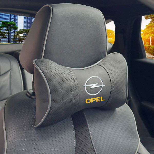 Подушка на підголівник з логотипом Opel Екошкіра 3D Кольоровий лого Чорна-Сірий кант 1 шт