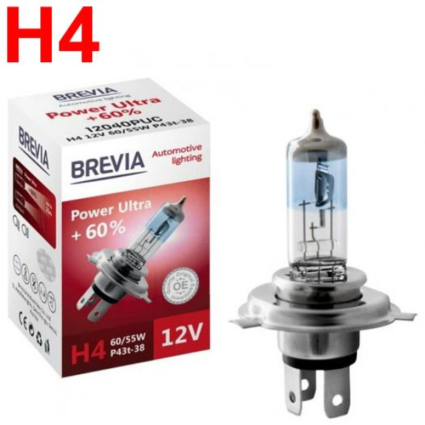 Автолампа галогенна Brevia Power Ultra + 60% H4 60/55W 1 шт (12040PUC)