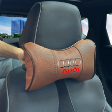 Подушка на подголовник с логотипом Audi Экокожа 3D Цветной лого Коричневые-Коричневый кант 1 шт