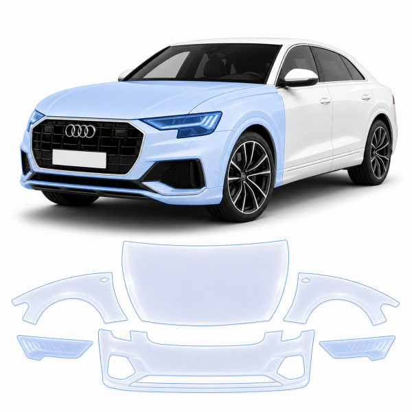 Антигравийная защитная бронепленка по лекалам для Audi Q8 4M 2018-2023 - передняя часть авто (капот бампер фары крылья)