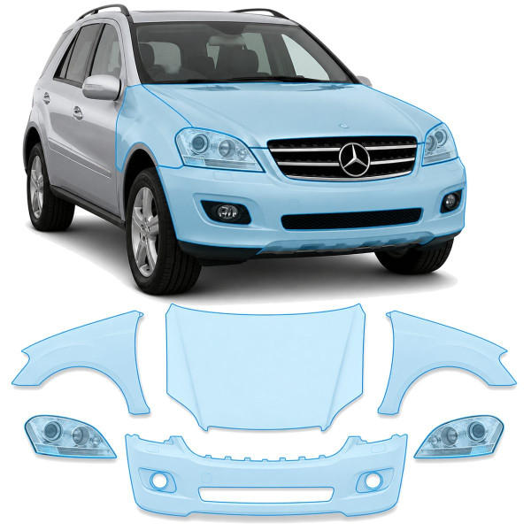 Антигравийная защитная бронепленка по лекалам для Mercedes-Benz M-Class W164 2005-2008 - передняя часть авто (капот бампер фары крылья)