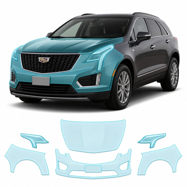 Антигравийная защитная бронепленка по лекалам для Cadillac XT5 I facelift 2020- передняя часть авто (капот бампер фары крылья)