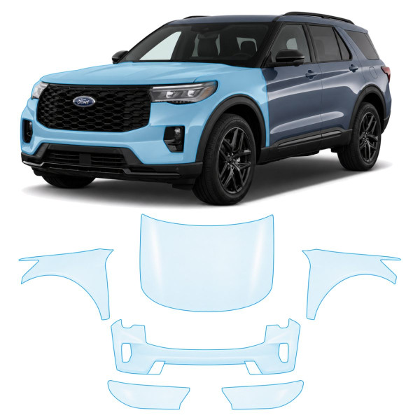 Антигравийная защитная бронепленка по лекалам для Ford Explorer (US) VI facelift 2024- передняя часть авто (капот бампер фары крылья)