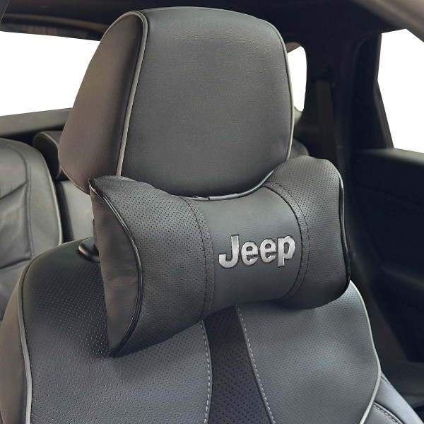 Подушка на підголівник з логотипом Jeep Екошкіра 3D Кольоровий лого Чорні-Чорний кант 1 шт