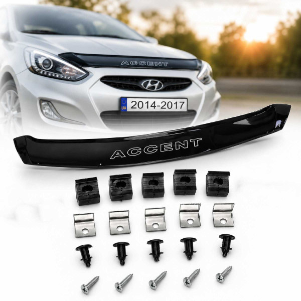Дефлектор капота мухобойка для Hyundai Accent Solaris 2014-2017 (Короткая) Voron Glass