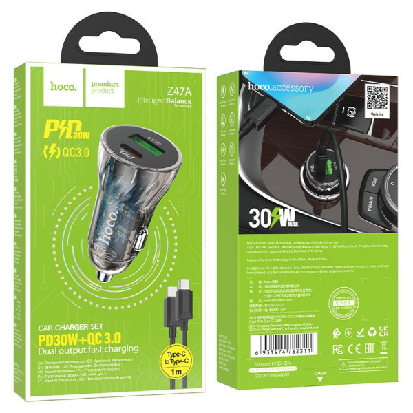 Автомобильное зарядное устройство Z47A PD30W + QC3.0 набор с кабелем USB (Оригинал)