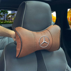 Подушка на підголівник з логотипом Mercedes-Benz Екошкіра 3D Кольоровий лого Коричневий-Коричневий кант 1 шт