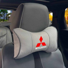 Подушка на підголівник з логотипом Mitsubishi Екошкіра 3D Кольоровий лого Сірі-Сірий кант 1 шт