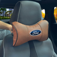 Подушка на подголовник с логотипом Ford Экокожа 3D Цветной лого Коричневые-Коричневый кант 1 шт
