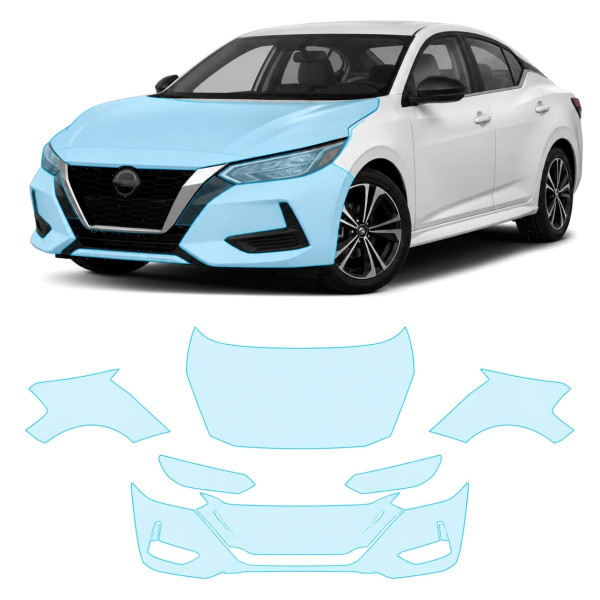 Антигравийная защитная бронепленка по лекалам для Nissan Sentra B18 2020-2023 - передняя часть авто (капот бампер фары крылья)