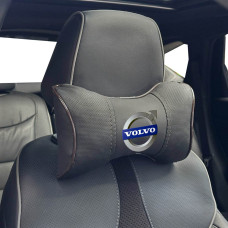 Подушка на підголівник з логотипом Volvo Екошкіра 3D Кольоровий лого Чорна-Коричневий кант 1 шт
