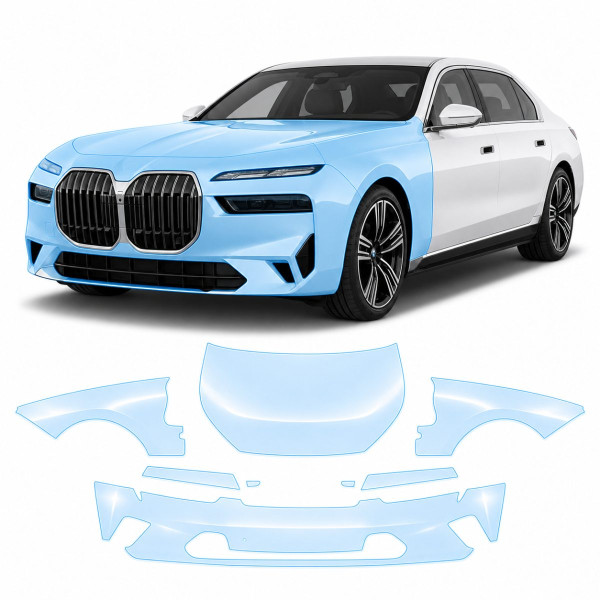 Антигравийная защитная бронепленка по лекалам для BMW i7 G70 2022- передняя часть авто (капот бампер фары крылья)