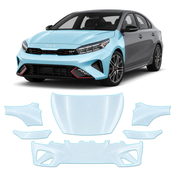 Антигравийная защитная бронепленка по лекалам для Kia Cerato/Forte BD facelift 2022-2024 - передняя часть авто (капот бампер фары крылья)