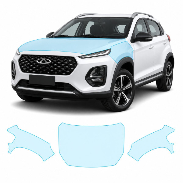 Антигравийная защитная бронепленка по лекалам для Chery Tiggo 2 Pro I 2022- капот и передние крылья