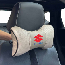 Подушка на підголівник з логотипом Suzuki Екошкіра 3D Кольоровий лого Бежева-Коричневий кант 1 шт