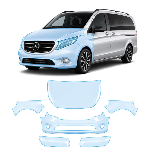Антигравийная защитная бронепленка по лекалам для Mercedes-Benz Vito/V-Class W447 facelift 2019- передняя часть авто (капот бампер фары крылья)