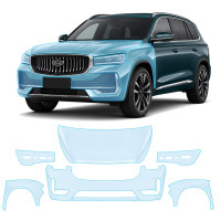 Антигравийная защитная бронепленка по лекалам для Geely Monjaro I 2022-2024 - передняя часть авто (капот бампер фары крылья)