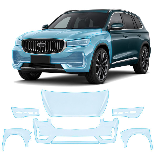Антигравийная защитная бронепленка по лекалам для Geely Monjaro I 2022-2024 - передняя часть авто (капот бампер фары крылья)