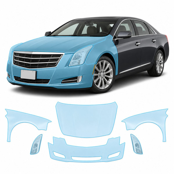 Антигравийная защитная бронепленка по лекалам для Cadillac XTS I 2013-2019 - передняя часть авто (капот бампер фары крылья)