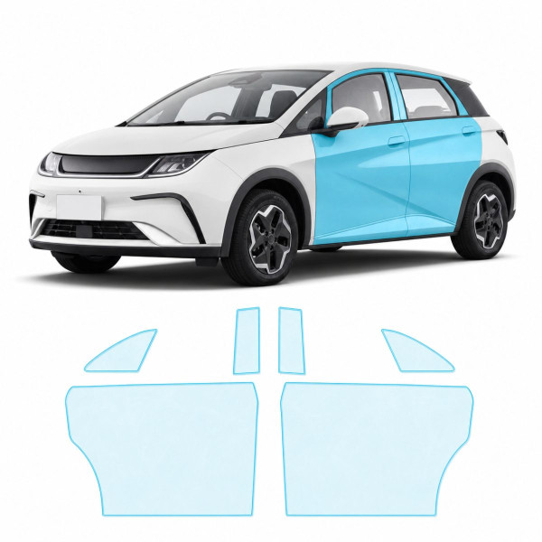 Антигравийная защитная бронепленка по лекалам для BYD Dolphin I 2021-2024 - зоны дверей и стойки окон