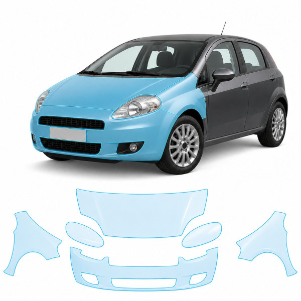 Антигравийная защитная бронепленка по лекалам для Fiat Punto (Grande Punto/Punto Evo) III 2005-2018 - передняя часть авто (капот бампер фары крылья)