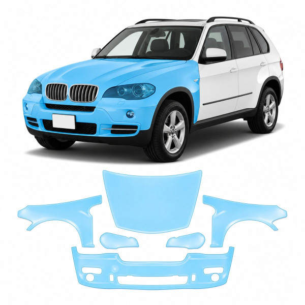 Антигравийная защитная бронепленка по лекалам для BMW X5 E70 2006-2013 - передняя часть авто (капот бампер фары крылья)