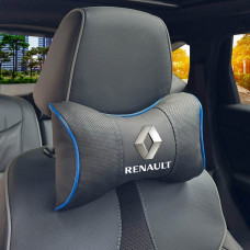 Подушка на подголовник с логотипом Renault Экокожа 3D Цветной лого Черные-Синий кант 1 шт