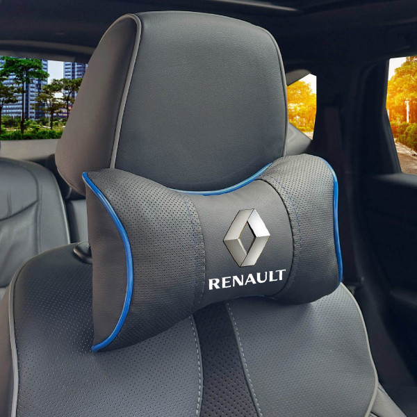 Подушка на підголівник з логотипом Renault Екошкіра 3D Кольоровий лого Чорний-Синій кант 1 шт