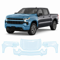 Антигравийная защитная бронепленка по лекалам для Chevrolet Silverado IV facelift 2022- передняя часть авто (капот бампер фары крылья)