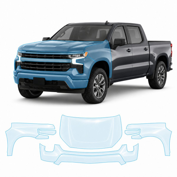Антигравийная защитная бронепленка по лекалам для Chevrolet Silverado IV facelift 2022- передняя часть авто (капот бампер фары крылья)