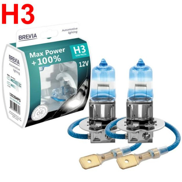 Автолампа галогенная Brevia Max Power +100% H3 3700K 12V 55W 2 шт (12030MPS)