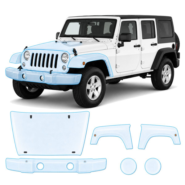 Антигравійна захисна бронеплівка за лекалами для Jeep Wrangler JK 2007-2018 - передня частина авто (капот бампер крила))
