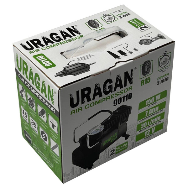 Автомобільний компресор URAGAN 12V 12А 35л/хв 150Вт 1 м шланг (90110)