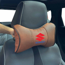 Подушка на підголівник з логотипом Suzuki Екошкіра 3D Кольоровий лого Коричневий-Коричневий кант 1 шт