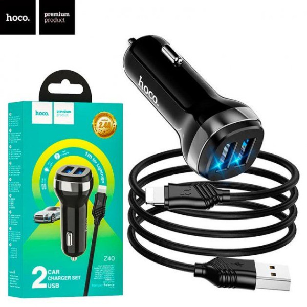 Автомобільний зарядний пристрій Hoco Z40 2USB 2.4A Lightning Чорний (Оригінал)