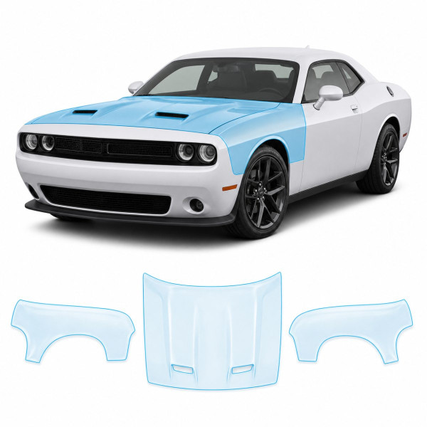 Антигравийная защитная бронепленка по лекалам для Dodge Challenger LC facelift 2015-2023 - капот и передние крылья