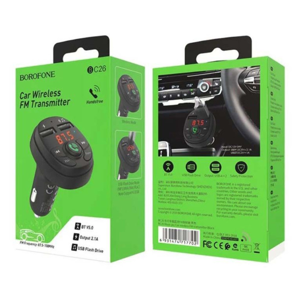 Автомобільний FM модулятор (трансмітер) Borofone Music Joy 2xUSB Bluetooth (BC26B)