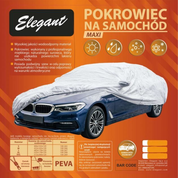 Тент автомобильный для седана Elegant Poliester / L 483x178x120 см / карманы под зеркала замок (100 278)