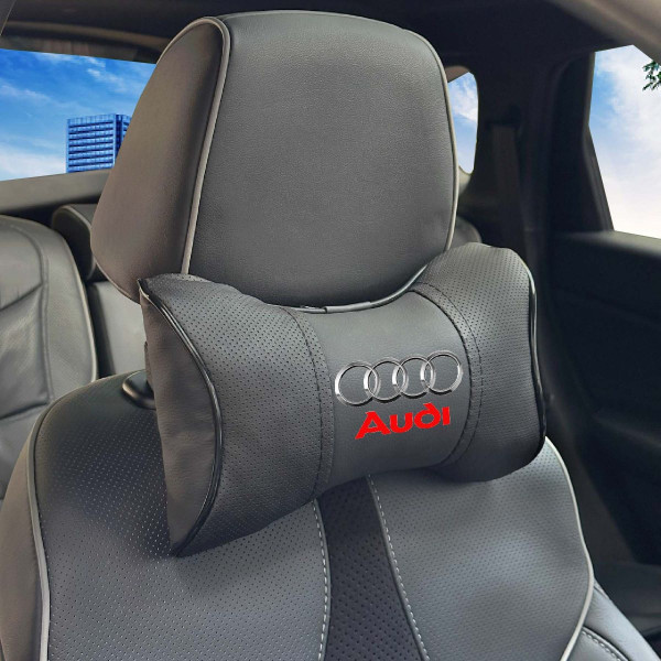 Подушка на подголовник с логотипом Audi Экокожа 3D Цветной лого Черная-Черный кант 1 шт