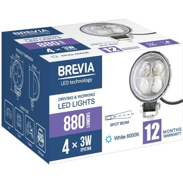 LED фара Brevia EPISTAR Sport Далеке світло 10-30V, 12W (4x3W) 880Lm Лінзована Алюмінієвий корпус IP68 (10601RFX1)