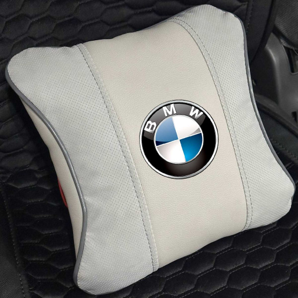 Подушка на підголівник з логотипом Bmw Екошкіра 3D Кольоровий лого Сірий 1 шт