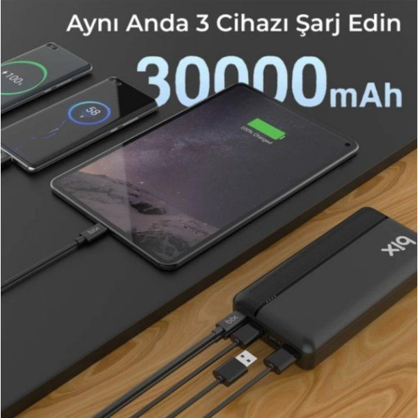 Power Bank Портативний Акумулятор Bix 30000 mAh 3x USB 22,5 Вт Чорний (PB302)