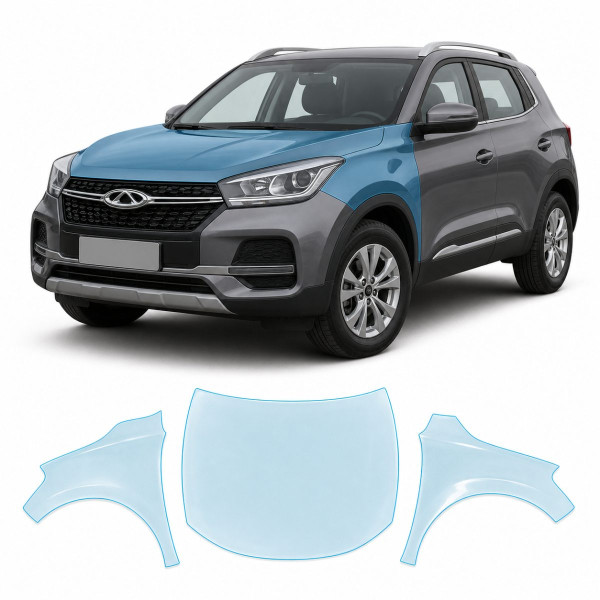 Антигравийная защитная бронепленка по лекалам для Chery Tiggo 4 I 2017-2022 - капот и передние крылья