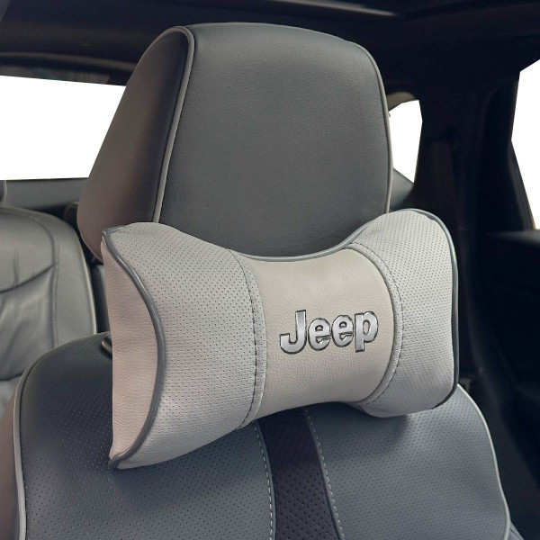 Подушка на підголівник з логотипом Jeep Екошкіра 3D Кольоровий лого Сірі-Сірий кант 1 шт