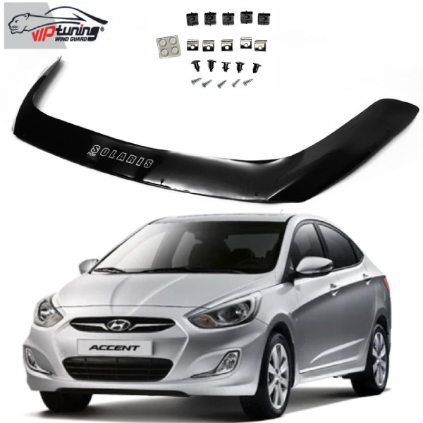 Дефлектор капота мухобойка для Hyundai Accent Solaris 2010-2014 Евро Крепление (Vip Tuning) HYD20