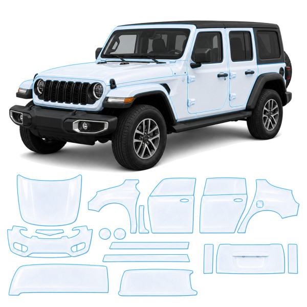 Антигравийная защитная бронепленка по лекалам для Jeep Wrangler JL facelift 2024- полный кузов